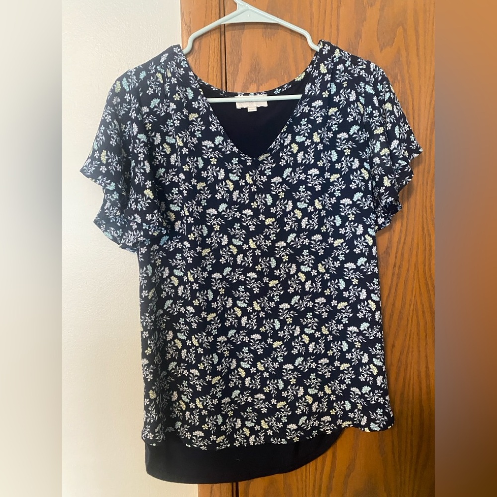 LOFT Navy Floral V-Neck Flutter Sleeve Blouse
